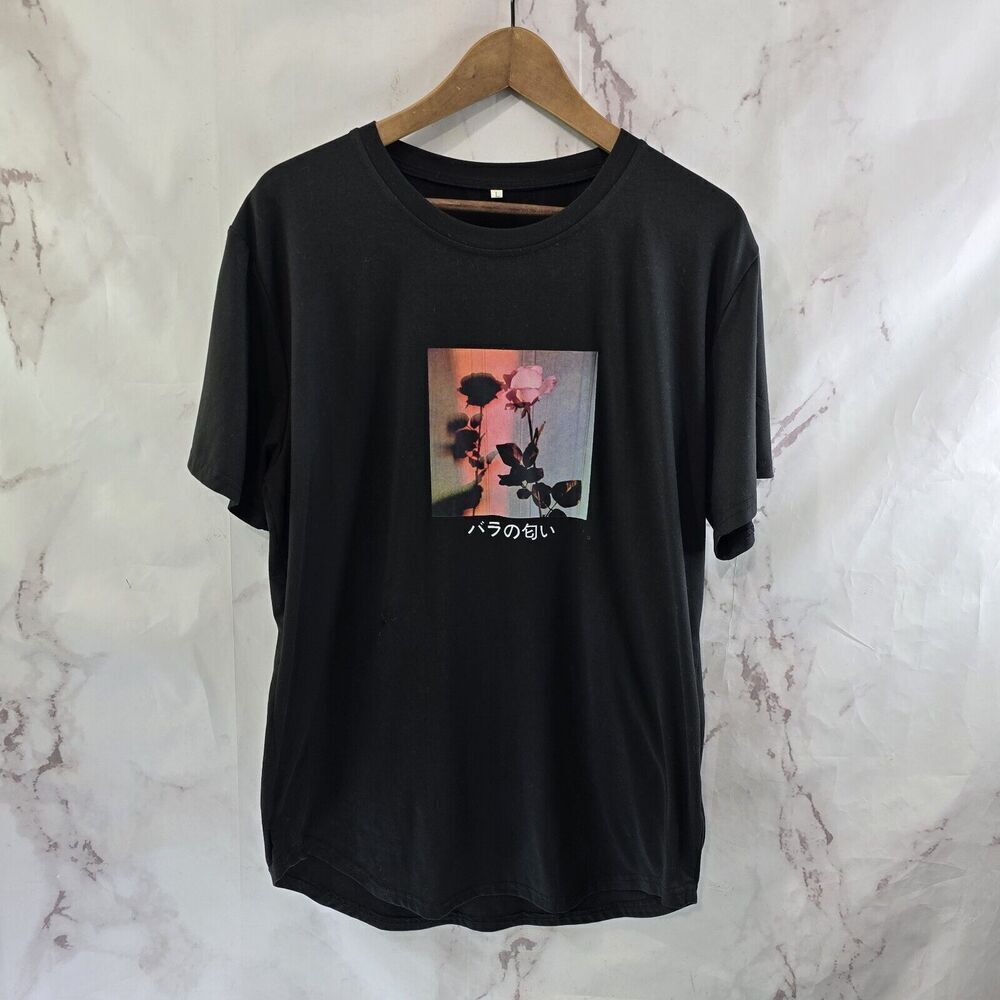 Shein T Shirt Mens Large Black Rose Soft Tee Crew Neck Short Sleeve Aesthetic